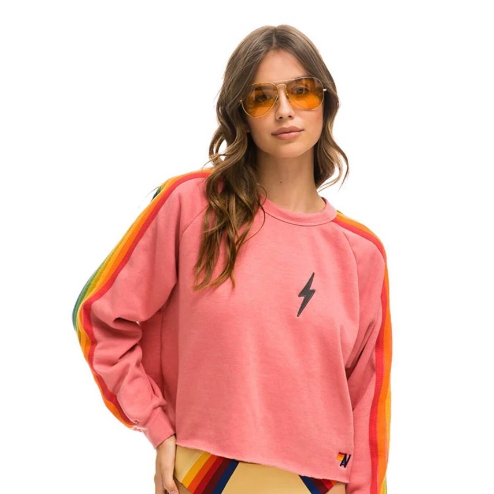 AVIATOR NATION Bolt Cropped Classic Five Stripe Crewneck Sweatshirt Pink, Small